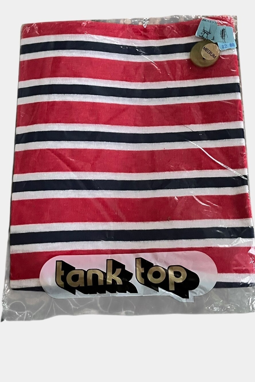 VTG 70s Allison Tank Top Size Med Red Navy Striped 100% Cotton USA Muscle Shirt